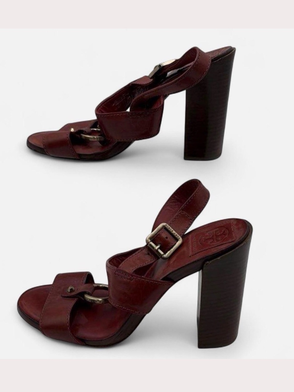 Tory Burch Burnt Orange Burgundy Leather Block-Heel Sandals with Gold Buckle